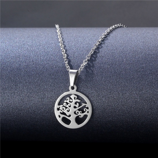 Immagine di 304 Acciaio Inossidabile Cavo Catena Collana Tono Argento Tondo Albero di Vita 45cm Lunghezza, 2 Pz