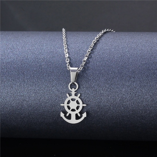 Immagine di 304 Acciaio Inossidabile Cavo Catena Collana Tono Argento Ancora 45cm Lunghezza, 2 Pz
