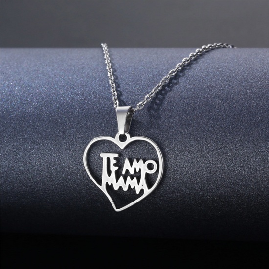 Immagine di 304 Acciaio Inossidabile San Valentino Cavo Catena Collana Tono Argento Cuore IL Battito Cardiaco /Dell 'elettrocardiogramma Messaggio " Te Amo " 45cm Lunghezza, 2 Pz