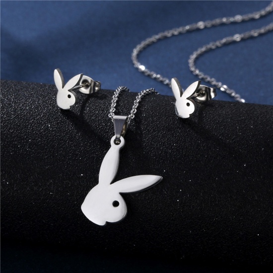 Bild von Edelstahl Haustier Silhouette Schmuck Halskette Ohrringe Set Silberfarbe Hase Hohl 45cm lang, 17mm x 15mm, 1 Set