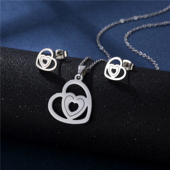 Bild von Edelstahl Valentinstag Schmuck Halskette Ohrringe Set Silberfarbe Herz Hohl 45cm lang, 17mm x 15mm, 1 Set