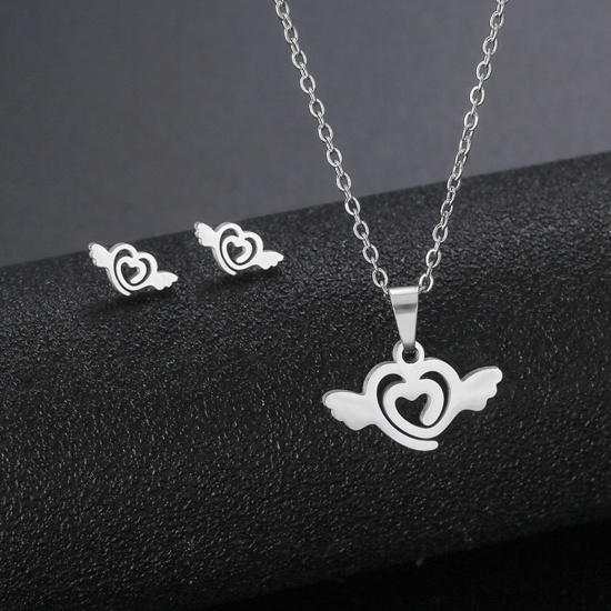 Bild von Edelstahl Ins Stil Schmuck Halskette Ohrringe Set Silberfarbe Herz Flügel Hohl 45cm lang, 17mm x 15mm, 1 Set