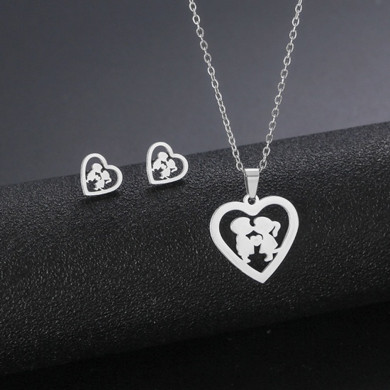 Bild von Edelstahl Valentinstag Schmuck Halskette Ohrringe Set Silberfarbe Herz Liebespaar Hohl 45cm lang, 17mm x 15mm, 1 Set