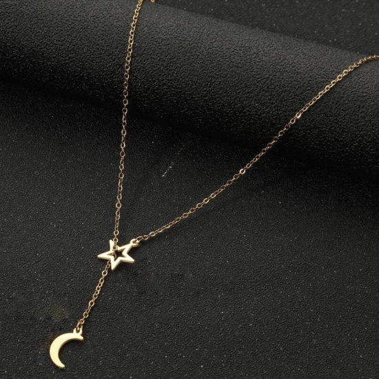 Immagine di Acciaio al titanio Elegante Lariat Collana Oro Placcato Stella Luna Filigrana 45cm Lunghezza, 1 Pz
