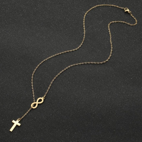 Immagine di Acciaio al titanio Elegante Lariat Collana Oro Placcato Simbolo di Infinito Croce 45cm Lunghezza, 1 Pz