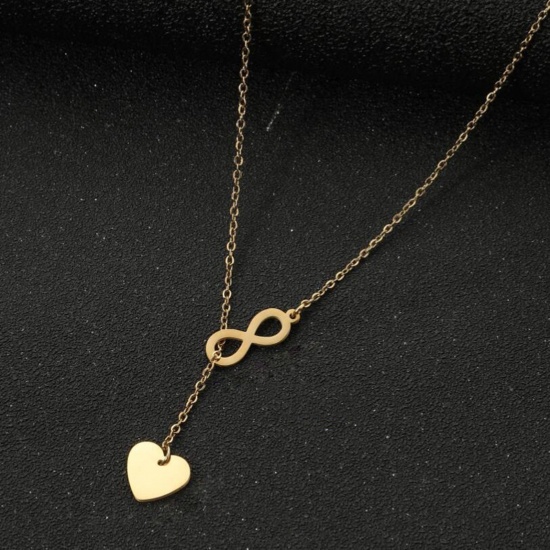 Immagine di Acciaio al titanio Elegante Lariat Collana Oro Placcato Simbolo di Infinito Cuore 45cm Lunghezza, 1 Pz