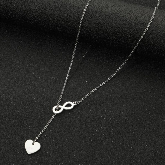 Immagine di Acciaio al titanio Elegante Lariat Collana Tono Argento Simbolo di Infinito Cuore 45cm Lunghezza, 1 Pz