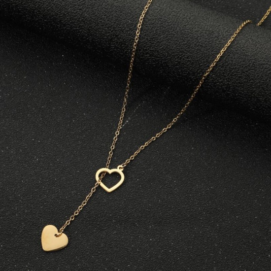 Immagine di Acciaio al titanio Elegante Lariat Collana Oro Placcato Cuore Filigrana 45cm Lunghezza, 1 Pz