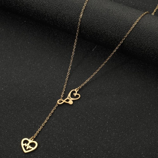 Immagine di Acciaio al titanio Elegante Lariat Collana Oro Placcato Nota Musicale Cuore Filigrana 45cm Lunghezza, 1 Pz