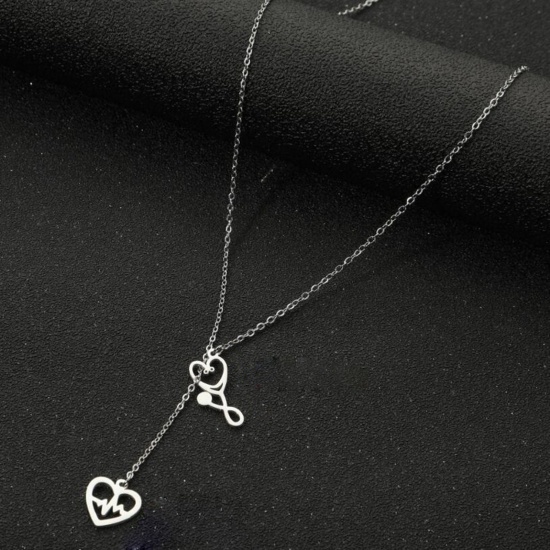Immagine di Acciaio al titanio Elegante Lariat Collana Tono Argento Nota Musicale Cuore Filigrana 45cm Lunghezza, 1 Pz