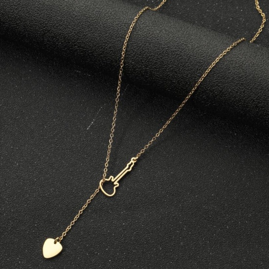 Immagine di Acciaio al titanio Elegante Lariat Collana Oro Placcato Strumento Musicale Chitarra Cuore Filigrana 45cm Lunghezza, 1 Pz