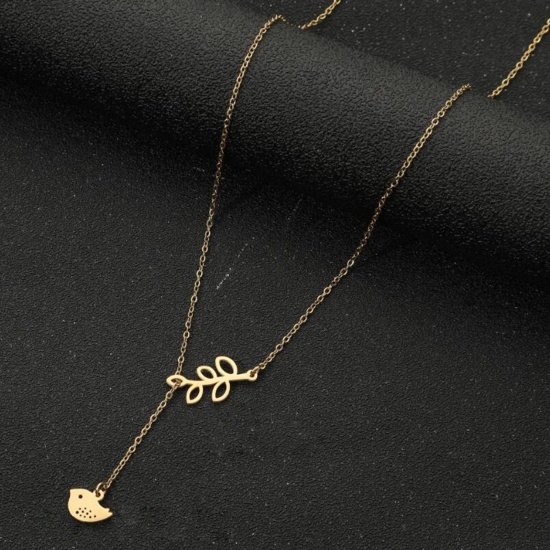 Immagine di Acciaio al titanio Elegante Lariat Collana Oro Placcato Foglia Uccello Filigrana 45cm Lunghezza, 1 Pz