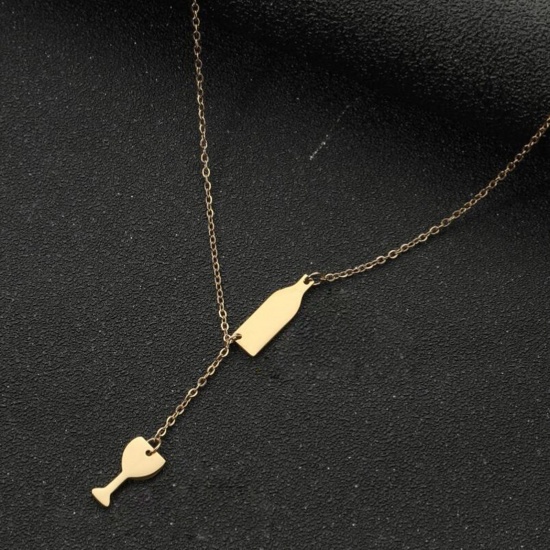 Immagine di Acciaio al titanio Elegante Lariat Collana Oro Placcato Bottiglia di Vino Tazza 45cm Lunghezza, 1 Pz