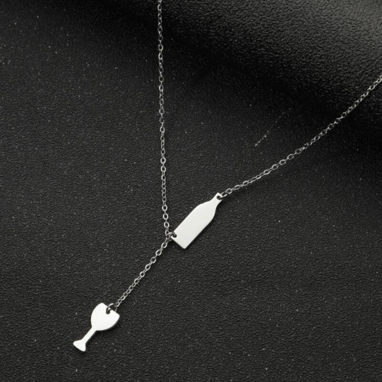Immagine di Acciaio al titanio Elegante Lariat Collana Tono Argento Bottiglia di Vino Tazza 45cm Lunghezza, 1 Pz