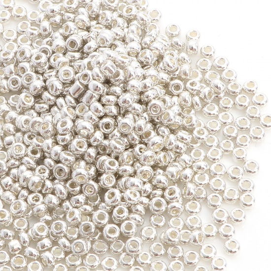 Immagine di Vetro Seme Perline Round Rocailles Argento Placcatura 3mmx 2mm, Foro:Circa 1mm, 10 Grammi
