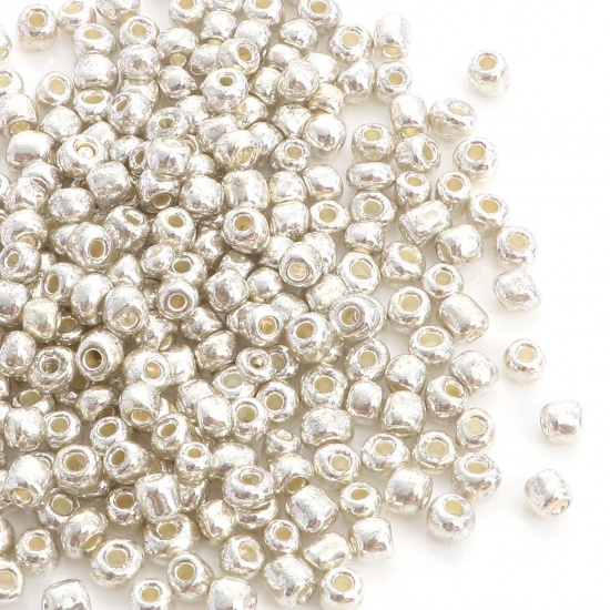Immagine di Vetro Seme Perline Round Rocailles Argento Placcatura 4mmx 3.5mm, Foro:Circa 1.2mm, 10 Grammi