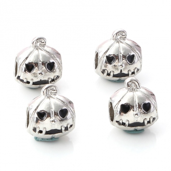 Picture of Zinc Based Alloy European Style Large Hole Charm Beads Silver Tone Black Halloween Pumpkin Enamel 13mm x 11mm, Hole: Approx 4.2mm, 2 PCs