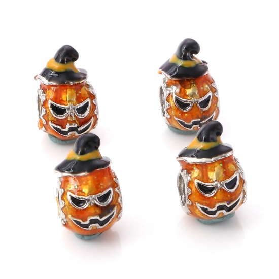 Picture of Zinc Based Alloy European Style Large Hole Charm Beads Silver Tone Black & Orange Halloween Pumpkin Enamel 15mm x 9mm, Hole: Approx 4.2mm, 2 PCs