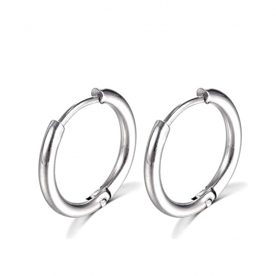 Immagine di Acciaio Inossidabile Semplice orecchino cerchio Tono Argento Tondo 12mm Dia., Posta / Filo Dimensione: (18 misura), 1 Paio