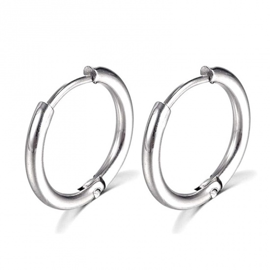 Immagine di Acciaio Inossidabile Semplice orecchino cerchio Tono Argento Tondo 14mm Dia., Posta / Filo Dimensione: (18 misura), 1 Paio