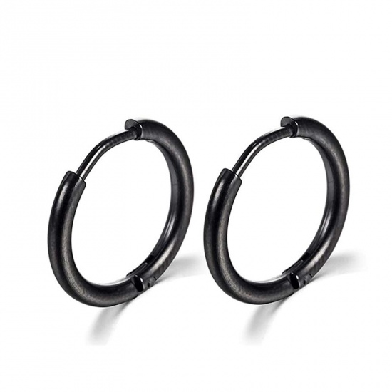 Immagine di Acciaio Inossidabile Semplice orecchino cerchio Nero Tondo 14mm Dia., Posta / Filo Dimensione: (18 misura), 1 Paio