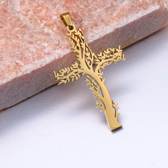 Bild von 304 Edelstahl Religiös Anhänger Kreuz Vergoldet Lebensbaum Hohl 4.6cm x 2.6cm, 1 Stück