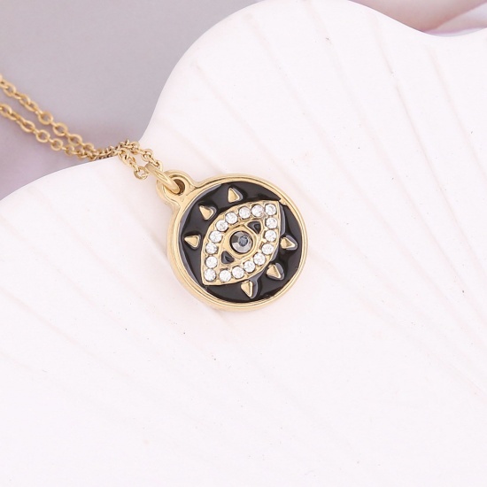 Immagine di Acciaio Inossidabile Religione Catena Singolare Collana Oro Placcato Nero Tondo Malocchio Smalto Trasparente Strass 40cm Lunghezza, 1 Pz