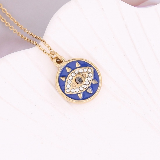 Immagine di Acciaio Inossidabile Religione Catena Singolare Collana Oro Placcato Blu Marino Tondo Malocchio Smalto Trasparente Strass 40cm Lunghezza, 1 Pz