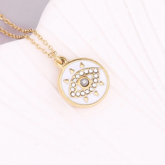 Immagine di Acciaio Inossidabile Religione Catena Singolare Collana Oro Placcato Bianco Tondo Malocchio Smalto Trasparente Strass 40cm Lunghezza, 1 Pz