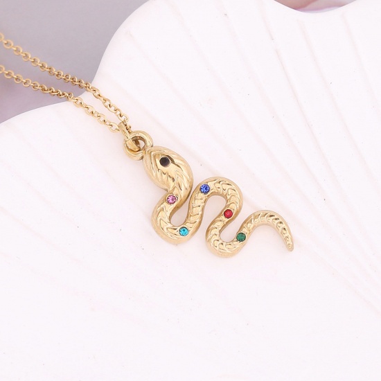 Immagine di Acciaio Inossidabile Catena Singolare Collana Oro Placcato Serpente Multicolore Strass 40cm Lunghezza, 1 Pz