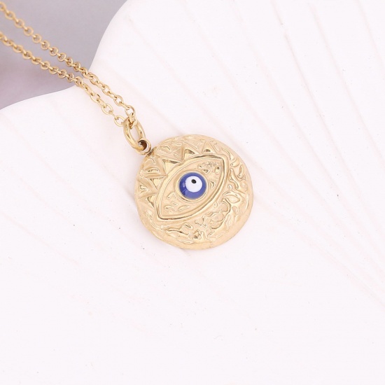 Immagine di Acciaio Inossidabile Religione Catena Singolare Collana Oro Placcato Blu Marino Tondo Malocchio Smalto 40cm Lunghezza, 1 Pz