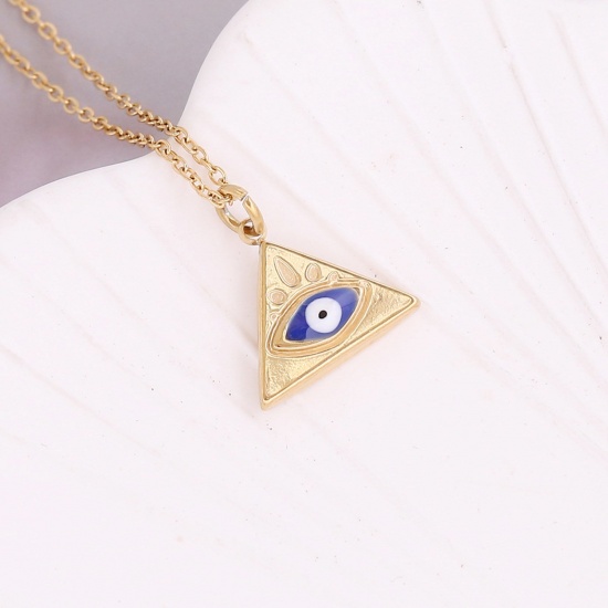 Immagine di Acciaio Inossidabile Religione Catena Singolare Collana Oro Placcato Blu Marino Triangolo Malocchio Smalto 40cm Lunghezza, 1 Pz