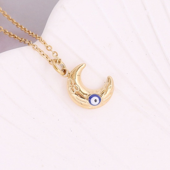 Immagine di Acciaio Inossidabile Religione Catena Singolare Collana Oro Placcato Blu Marino Luna Malocchio Smalto 40cm Lunghezza, 1 Pz