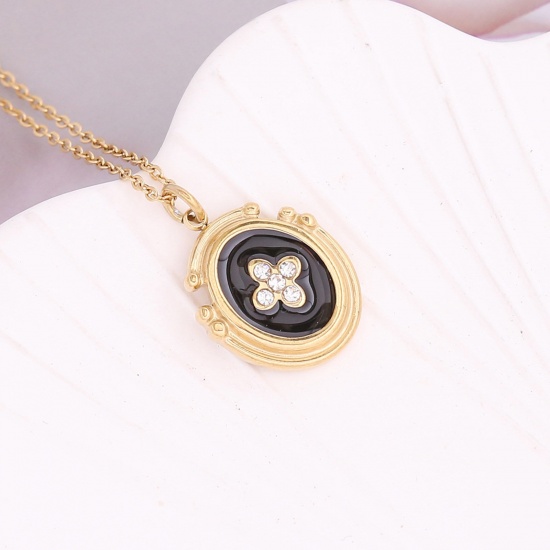Immagine di Acciaio Inossidabile Religione Catena Singolare Collana Oro Placcato Nero Ovale Croce Smalto Trasparente Strass 40cm Lunghezza, 1 Pz