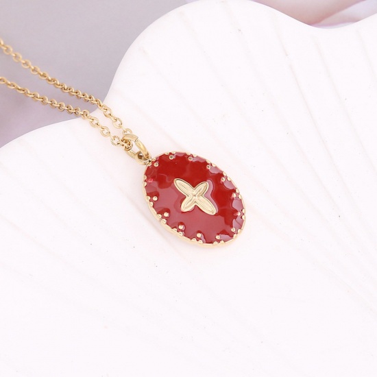 Immagine di Acciaio Inossidabile Religione Catena Singolare Collana Oro Placcato Rosso Ovale Croce Smalto 40cm Lunghezza, 1 Pz