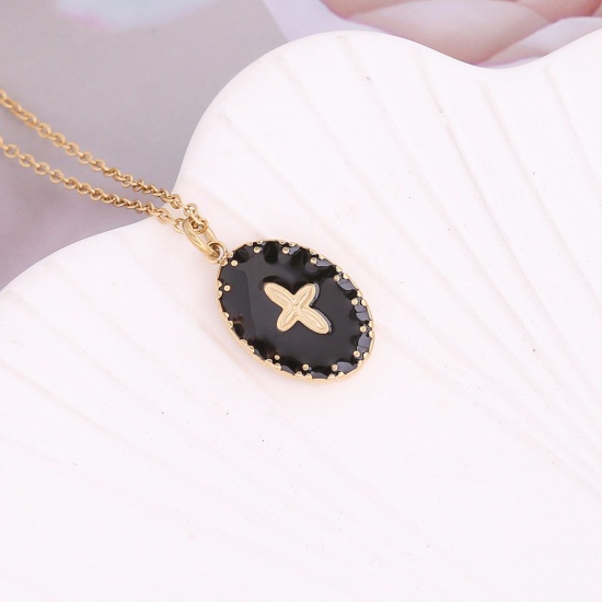Immagine di Acciaio Inossidabile Religione Catena Singolare Collana Oro Placcato Nero Ovale Croce Smalto 40cm Lunghezza, 1 Pz