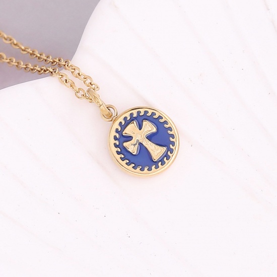 Immagine di Acciaio Inossidabile Religione Catena Singolare Collana Oro Placcato Blu Marino Tondo Croce Smalto 40cm Lunghezza, 1 Pz