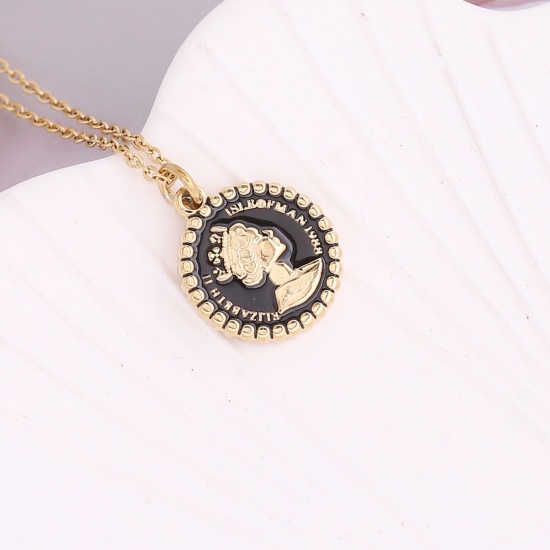 Immagine di Acciaio Inossidabile Catena Singolare Collana Oro Placcato Nero Tondo Testa Ritratto Smalto 40cm Lunghezza, 1 Pz