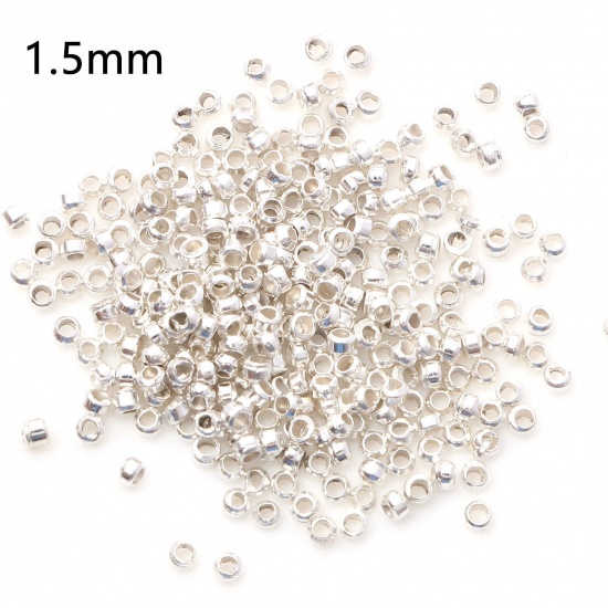 Picture of Copper Crimp Beads Cover Round Silver Plated 1.5mm Dia., Hole: Approx 0.6mm, 500 PCs