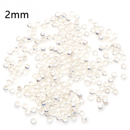 Picture of Copper Crimp Beads Cover Round Silver Plated 2mm Dia., Hole: Approx 1mm, 500 PCs