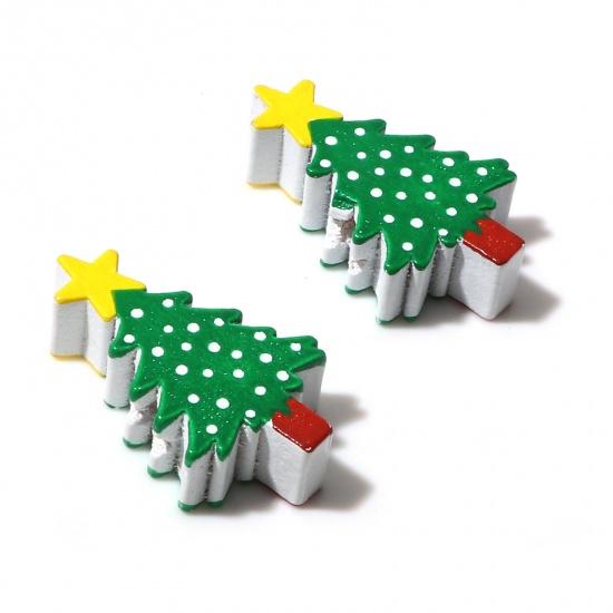 Imagen de Madera Espaciador Cuentas Árbol de Navidad Verde Aprox 3cm x 1.8cm, Agujero: Aprox 2.5mm, 10 Unidades