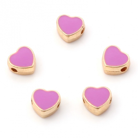Imagen de Zamak día de San Valentín Cuentas Corazón Chapado en Oro Púrpura Esmalte Aprox 8mm x 7.5mm, Agujero: Aprox 1.5mm, 10 Unidades