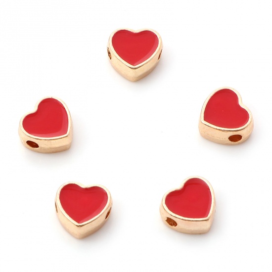Imagen de Zamak día de San Valentín Cuentas Corazón Chapado en Oro Rojo Esmalte Aprox 8mm x 7.5mm, Agujero: Aprox 1.5mm, 10 Unidades