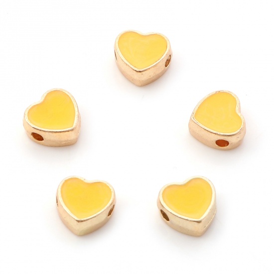 Imagen de Zamak día de San Valentín Cuentas Corazón Chapado en Oro Amarillo Esmalte Aprox 8mm x 7.5mm, Agujero: Aprox 1.5mm, 10 Unidades