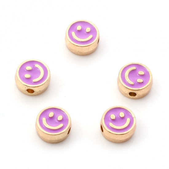 亜鉛合金 スペーサー ビーズ フラットラウンド 金メッキ 薄紫色 笑顔彫刻 エナメル 約 8mm 直径、 穴：約 1.5mm、 10 個 の画像