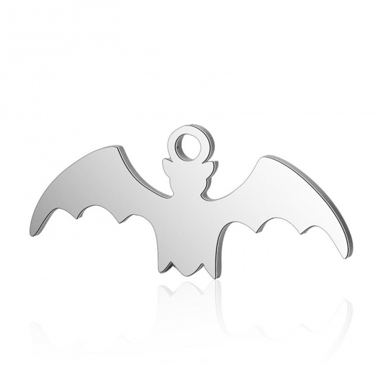 Picture of Stainless Steel Halloween Blank Stamping Tags Charms Halloween Bat Animal Silver Tone Double-sided Polishing 18mm x 8mm, 5 PCs