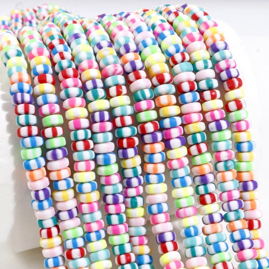 Picture of Polymer Clay Beads Flat Round Multicolor Stripe Pattern About 7mm Dia, Hole: Approx 1.4mm, 40cm(15 6/8") long, 2 Strands (Approx 112 PCs/Strand)