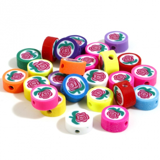 Picture of Polymer Clay Flora Collection Beads Flat Round At Random Color Rose Flower Pattern About 10mm Dia, Hole: Approx 1.8mm, 100 PCs