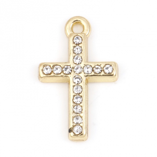 Picture of Zinc Based Alloy Micro Pave Charms Gold Plated Cross Clear Rhinestone 18mm x 11mm, 5 PCs