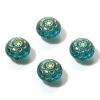 Picture of Acrylic Retro Beads Round Green Blue Flower Pattern About 13mm Dia., Hole: Approx 1.4mm, 10 PCs
